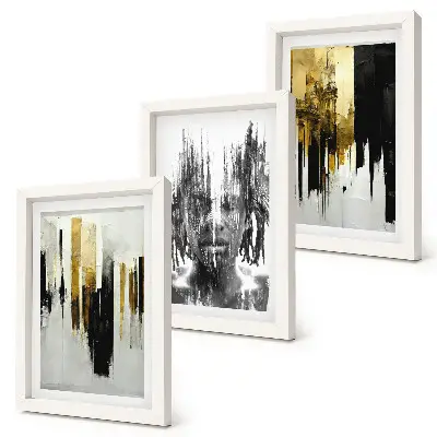 Bilderset mit Rahmen abstraktes Design in Kombination mit Porträtkunst und Architektur