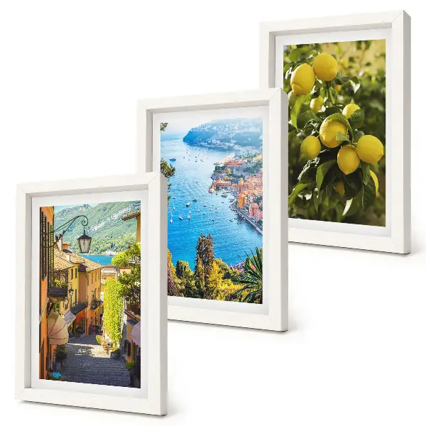 Bilderwand mit malerischen Küstenstraßen, Meerblick und Zitronenmotiven
