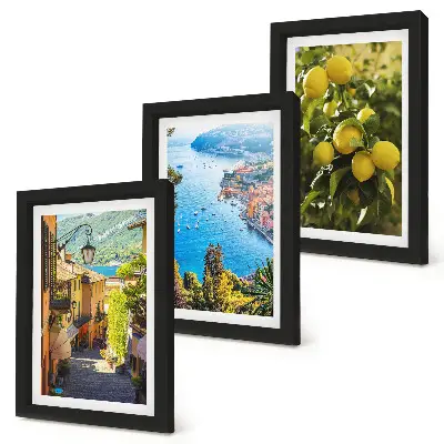 Bilderwand mit malerischen Küstenstraßen, Meerblick und Zitronenmotiven
