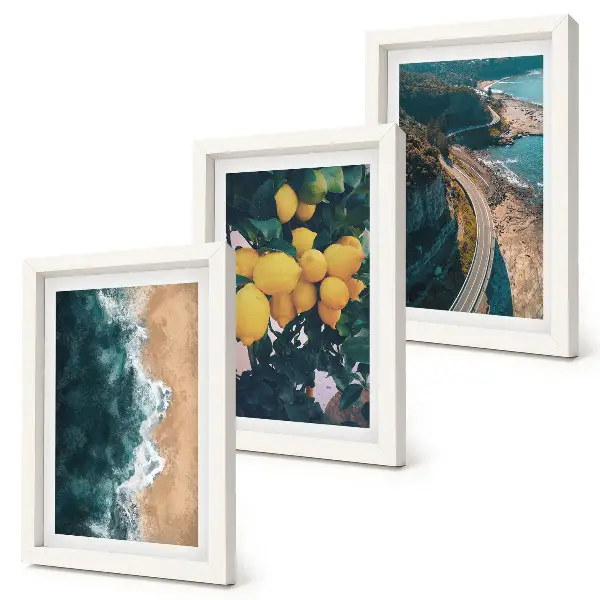 Bilderset mit Rahmen mit Motiven von Meer, Strand, Zitronen, Berglandschaft und Küstenstraße