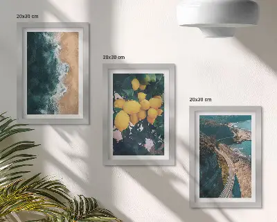 Bilderset mit Rahmen mit Motiven von Meer, Strand, Zitronen, Berglandschaft und Küstenstraße