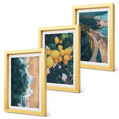 Bilderset mit Rahmen mit Motiven von Meer, Strand, Zitronen, Berglandschaft und Küstenstraße