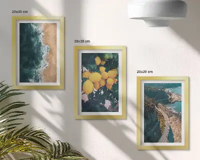 Bilderset mit Rahmen mit Motiven von Meer, Strand, Zitronen, Berglandschaft und Küstenstraße