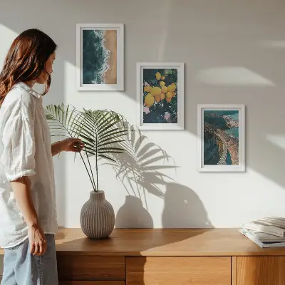 Bilderset mit Rahmen mit Motiven von Meer, Strand, Zitronen, Berglandschaft und Küstenstraße