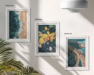 Bilderset mit Rahmen mit Motiven von Meer, Strand, Zitronen, Berglandschaft und Küstenstraße