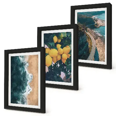 Bilderset mit Rahmen mit Motiven von Meer, Strand, Zitronen, Berglandschaft und Küstenstraße