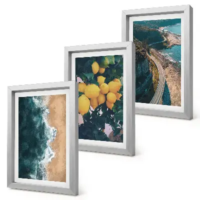 Bilderset mit Rahmen mit Motiven von Meer, Strand, Zitronen, Berglandschaft und Küstenstraße