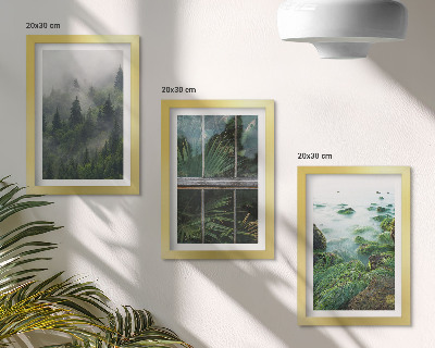 Bilderset mit rahmen Ein Wald im Nebel, ein Flussufer und ein Gewächshaus mit Pflanzen
