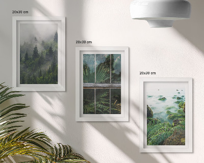 Bilderset mit rahmen Ein Wald im Nebel, ein Flussufer und ein Gewächshaus mit Pflanzen