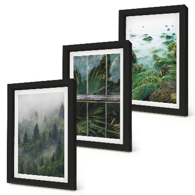 Bilderset mit rahmen Ein Wald im Nebel, ein Flussufer und ein Gewächshaus mit Pflanzen
