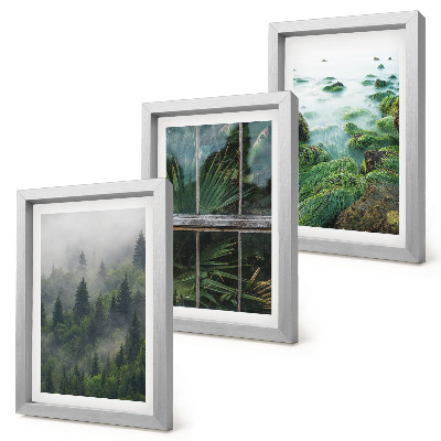 Bilderset mit rahmen Ein Wald im Nebel, ein Flussufer und ein Gewächshaus mit Pflanzen