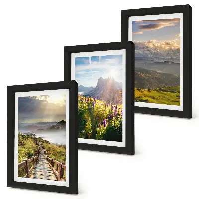 Bilderwand mit Berglandschaften, Blumen, Himmel und Weg