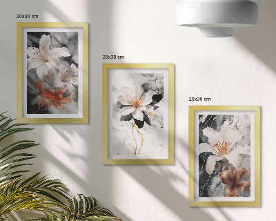 Bilderwand Blumen auf Marmorgrund in Weiß- und Schwarztönen