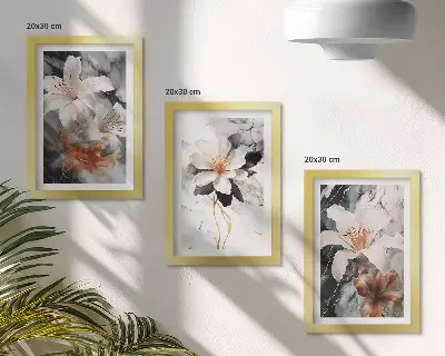 Bilderwand mit floralem Motiv auf Marmorgrund in Weiß- und Schwarztönen