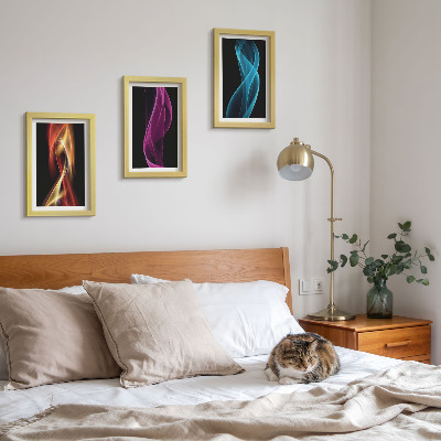 Bilderset mit rahmen Wellen aus bunten Neonlinien auf dunklem Hintergrund