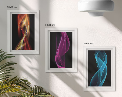 Bilderset mit rahmen Wellen aus bunten Neonlinien auf dunklem Hintergrund