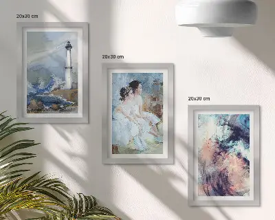 Bilderwand mit gemaltem abstraktem Leuchtturm und Tänzer