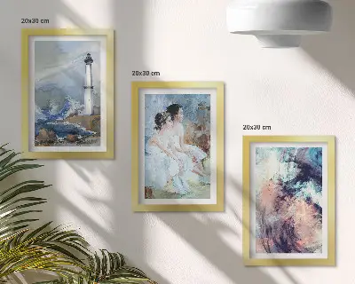 Bilderwand mit gemaltem abstraktem Leuchtturm und Tänzer