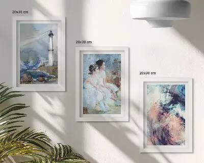 Bilderwand mit gemaltem abstraktem Leuchtturm und Tänzer