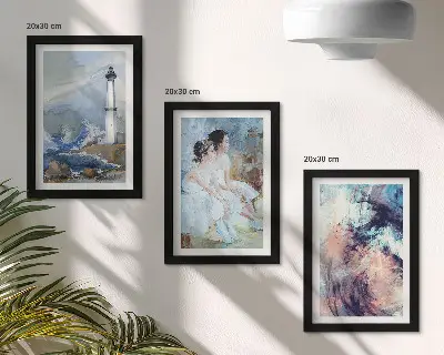 Bilderwand mit gemaltem abstraktem Leuchtturm und Tänzer