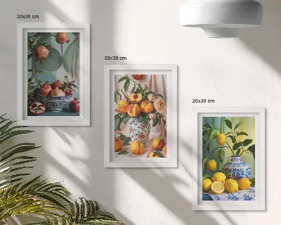 Bilderwand mit Granatäpfeln, Pfirsichen und Zitronen in Vasen