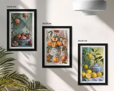 Bilderwand mit Granatäpfeln, Pfirsichen und Zitronen in Vasen