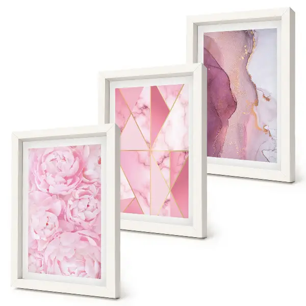 Bilderset mit Rahmen rosa Pfingstrosenblüten mit geometrischen Mustern