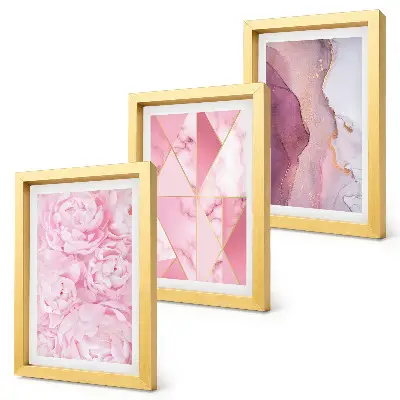 Bilderset mit Rahmen rosa Pfingstrosenblüten mit geometrischen Mustern