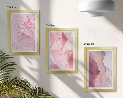 Bilderset mit Rahmen rosa Pfingstrosenblüten mit geometrischen Mustern