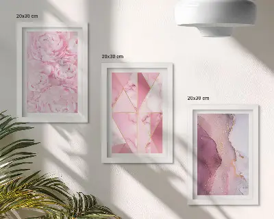Bilderset mit Rahmen rosa Pfingstrosenblüten mit geometrischen Mustern