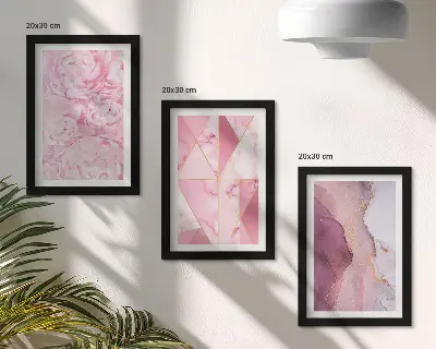 Bilderset mit Rahmen rosa Pfingstrosenblüten mit geometrischen Mustern
