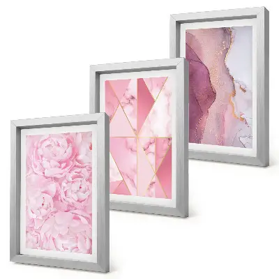 Bilderset mit Rahmen rosa Pfingstrosenblüten mit geometrischen Mustern