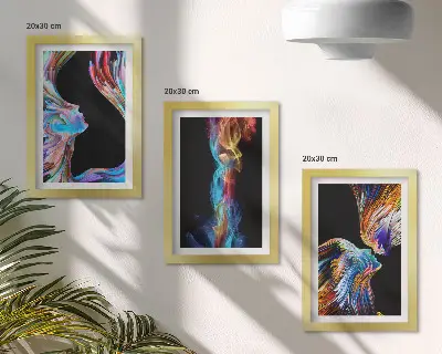 Fotowand mit buntem abstraktem Design aus Gesichtern und dynamischen Formen