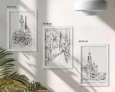 Fotowand mit einfachen Zeichnungen von Stadtansichten
