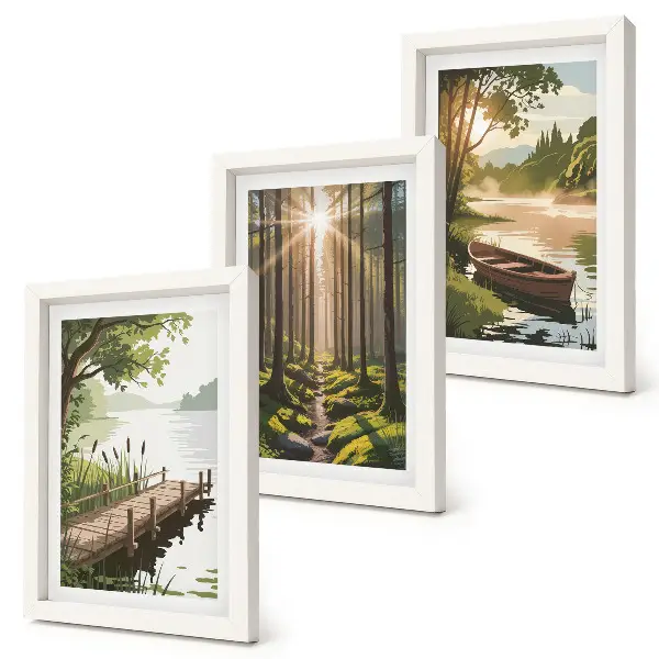 Bilderwand mit friedlichem Wald und Seelandschaft inklusive Boot