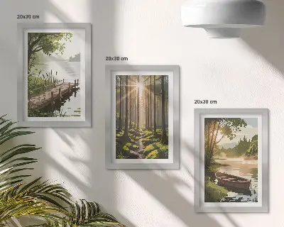 Bilderwand mit friedlichem Wald und Seelandschaft inklusive Boot