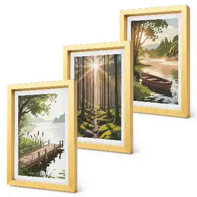 Bilderwand mit friedlichem Wald und Seelandschaft inklusive Boot