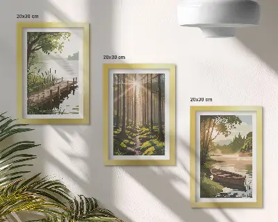 Bilderwand mit friedlichem Wald und Seelandschaft inklusive Boot