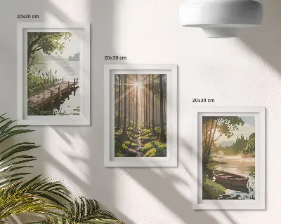 Bilderwand mit friedlichem Wald und Seelandschaft inklusive Boot