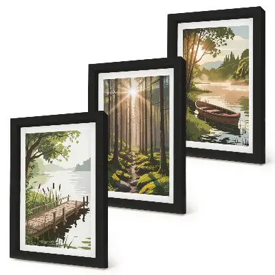 Bilderwand mit friedlichem Wald und Seelandschaft inklusive Boot