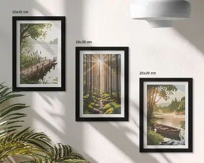 Bilderwand mit friedlichem Wald und Seelandschaft inklusive Boot