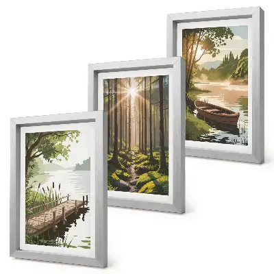 Bilderwand mit friedlichem Wald und Seelandschaft inklusive Boot
