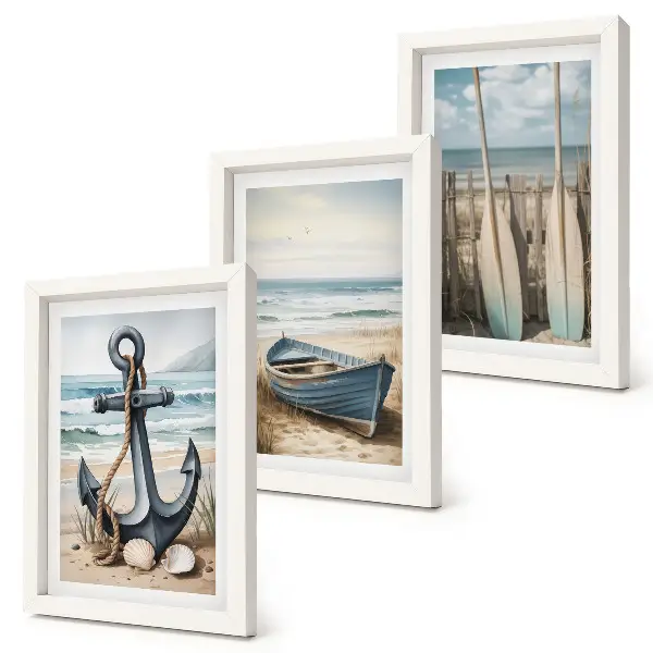Bilderset mit Rahmen Bootsanker und Ruder am Strand mit Meerblick