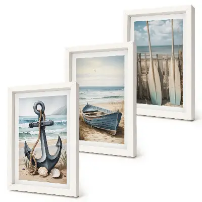 Bilderset mit Rahmen Bootsanker und Ruder am Strand mit Meerblick