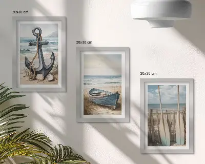Bilderset mit Rahmen Bootsanker und Ruder am Strand mit Meerblick