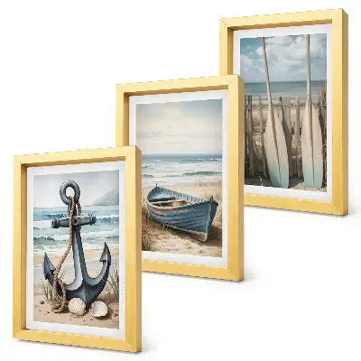 Bilderset mit Rahmen Bootsanker und Ruder am Strand mit Meerblick