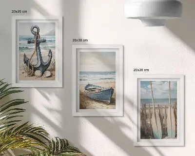 Bilderset mit Rahmen Bootsanker und Ruder am Strand mit Meerblick