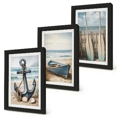 Bilderset mit Rahmen Bootsanker und Ruder am Strand mit Meerblick