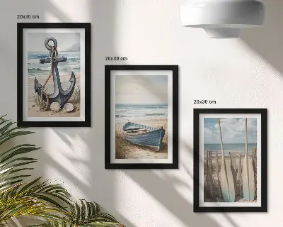 Bilderset mit Rahmen Bootsanker und Ruder am Strand mit Meerblick