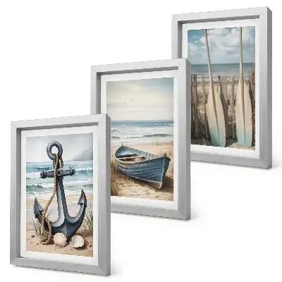 Bilderset mit Rahmen Bootsanker und Ruder am Strand mit Meerblick